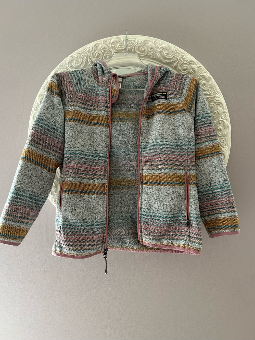 L.L.Bean Striped Cozy Knit Zip Hoodie - Gray, Pink, Mustard, Teal kid medium
